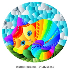 Illustration in stained glass style with abstract cute rainbow cat on a blue background, oval image