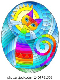 Illustration in stained glass style with abstract geometric cat and the sun on an abstract blue background, oval image
