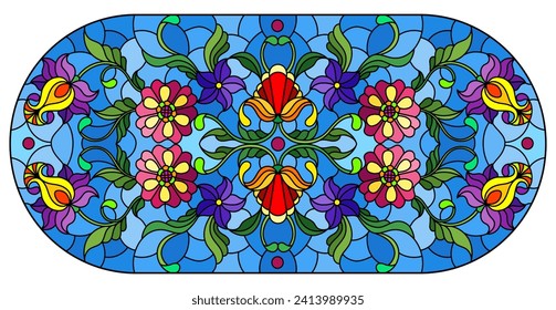 Illustration in stained glass style with abstract flowers, leaves and curls on a blue background, horizontal image