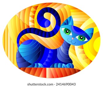 Illustration in stained glass style with abstract geometric blue cat and the sun on an abstract orange background, oval image