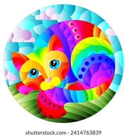 Illustration in stained glass style with abstract cute rainbow cat on a blue background, oval image