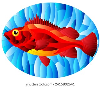 Illustration in stained glass style with abstract red sea bass on blue background, oval image