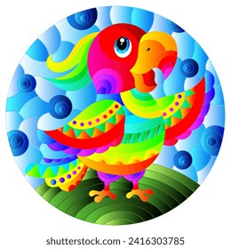 Illustration in stained glass style with abstract cute  rainbow  parakeet on a sky background 