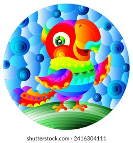 Illustration in stained glass style with abstract cute  rainbow  parakeet on a sky background 