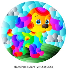 Illustration in stained glass style with abstract cute rainbow dog on a sky background,oval image 