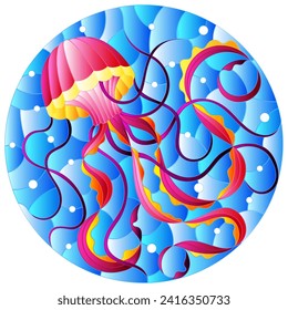 Illustration in stained glass style with abstract pink  jellyfish against a blue sea and bubbles, round image