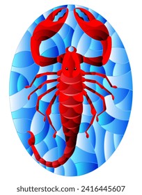 Illustration in stained glass style with abstract red  Scorpion on blue background,oval picture