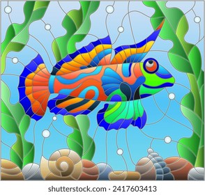 Illustration in stained glass style with abstract colorful exotic fish amid seaweed, coral and shells