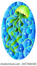 Illustration in stained glass style with abstract green  jellyfish against a blue sea and bubbles, oval image