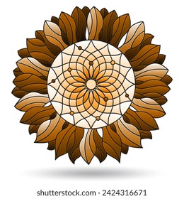 Illustration in stained glass style with abstract flower, flower isolated on white background, tone brown