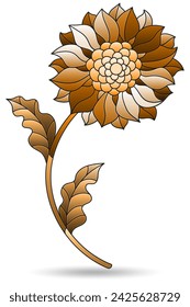 Illustration in stained glass style with abstract flower, flower isolated on white background, tone brown