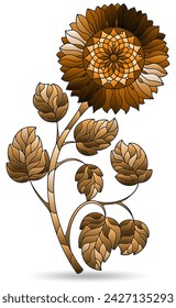 Illustration in stained glass style with abstract  flower, flower isolated on white background, tone brown