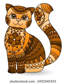 Illustration in stained glass style with an abstract cat isolated on a white background, tone brown