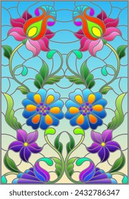 Illustration in stained glass style with abstract flowers, leaves and curls on a yellow background