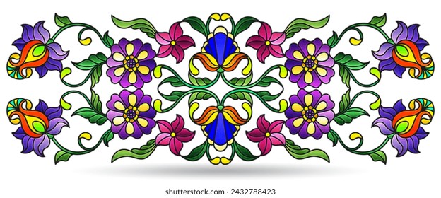 Illustration in a stained glass style with abstract botanical elements, isolated on a white background