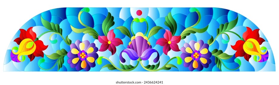 Illustration in stained glass style with abstract flowers, leaves and curls on a blue background