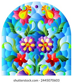 Illustration in stained glass style with abstract flowers, leaves and curls on a blue background