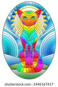 Illustration in stained glass style with abstract geometric cat and the sun on an abstract blue background, oval image