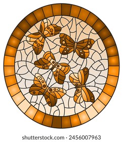 Illustration in stained glass style with abstract bright butterflies, oval image in frame, tone brown