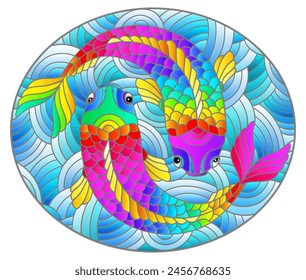 Illustration in stained glass style with abstract bright rainbow fishes on blue background, oval image