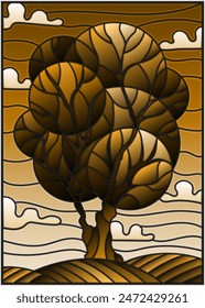 Ilustración en estilo vitral con un árbol abstracto en el fondo del cielo, tono marrón