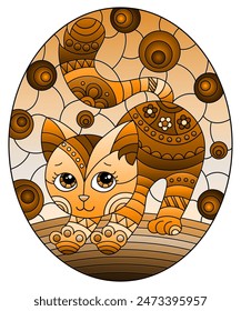 Ilustración en estilo vitral con gato lindo abstracto en un fondo del cielo, Imagen oval, tono marrón