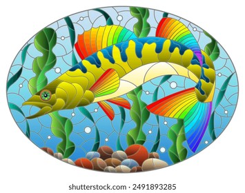 Illustration in stained glass style with an abstract pike perch fish on a background of algae, air bubbles and water, oval image