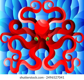 Illustration in stained glass style with abstract red octopus against a blue sea 