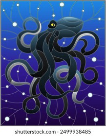 Illustration in stained glass style with abstract dark octopus against a blue sea and bubbles