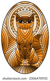 Illustration in stained glass style with abstract geometric cat and the sun on an abstract  background, tone brown