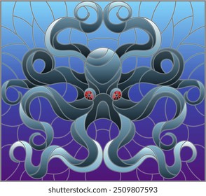 Illustration in stained glass style with abstract dark octopus against a blue sea and bubbles