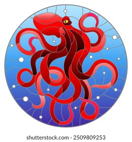 Illustration in stained glass style with abstract red octopus against a blue sea and bubbles,round picture