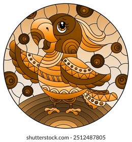 Illustration in stained glass style with abstract cute parakeet on a sky background , tone brown