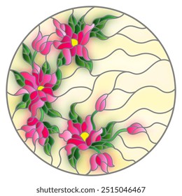 Illustration in stained glass style with abstract flowers, leaves and swirls, circular image on white background