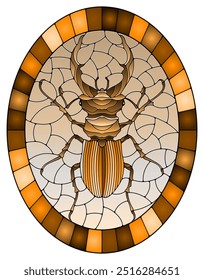 Illustration in stained glass style abstract  beetle deer, the oval image in frame, tone brown