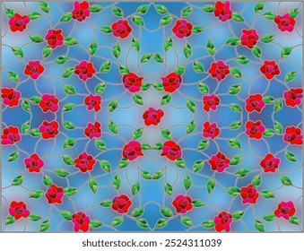 Illustration in stained glass style with abstract floral background, red intertwined roses and leaves on sky background