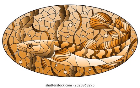 Illustration in stained glass style with an abstract burbot fish on a background of algae, air bubbles and water, oval image, tone brown