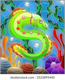 Illustration in stained glass style with abstract colorful exotic fish amid seaweed, coral and shells