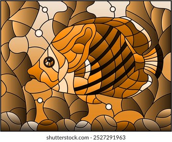 Illustration in stained glass style with an abstract butterfly fish on a background of algae, air bubbles and water, oval image, tone brown