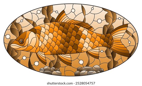 Illustration in stained glass style with an abstract carp fish on a background of algae, air bubbles and water, oval image, tone brown