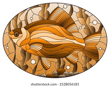 Illustration in stained glass style with an abstract rainbow crucian carp fish on a background of algae, air bubbles and water, oval image, tone brown