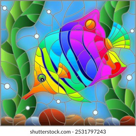 Illustration in stained glass style with an abstract rainbow butterfly fish on a background of algae, air bubbles and water, oval image