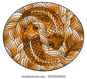 Illustration in stained glass style with abstract  fishes on wavy background, oval image, tone brown