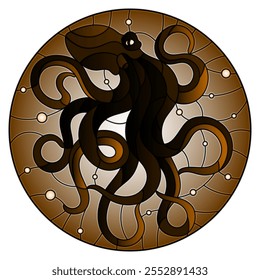 Illustration in stained glass style with abstract octopus against a sea and bubbles,round picture, tone brown