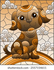 Illustration in stained glass style with abstract cute ,brown dog on a cloudy sky , tone brown