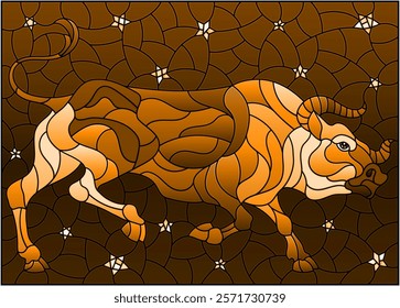 Illustration in stained glass style with an abstract bull on the background of the night sky and stars, tone brown