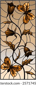 Illustration in stained glass style with abstract curly flower and an  butterfly on sky background , vertical image, tone brown