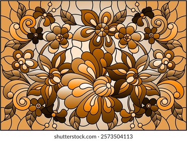 Illustration in stained glass style with abstract flowers and leaves, tone brown