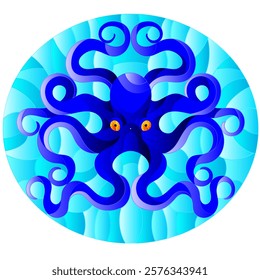 Illustration in stained glass style with abstract blue octopus against a blue sea ,round picture