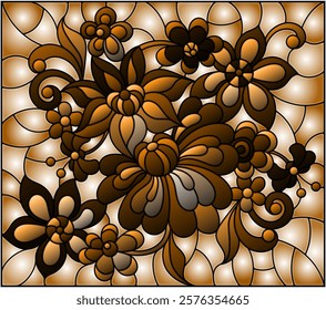 Illustration in stained glass style with abstract flowers and leaves, tone brown